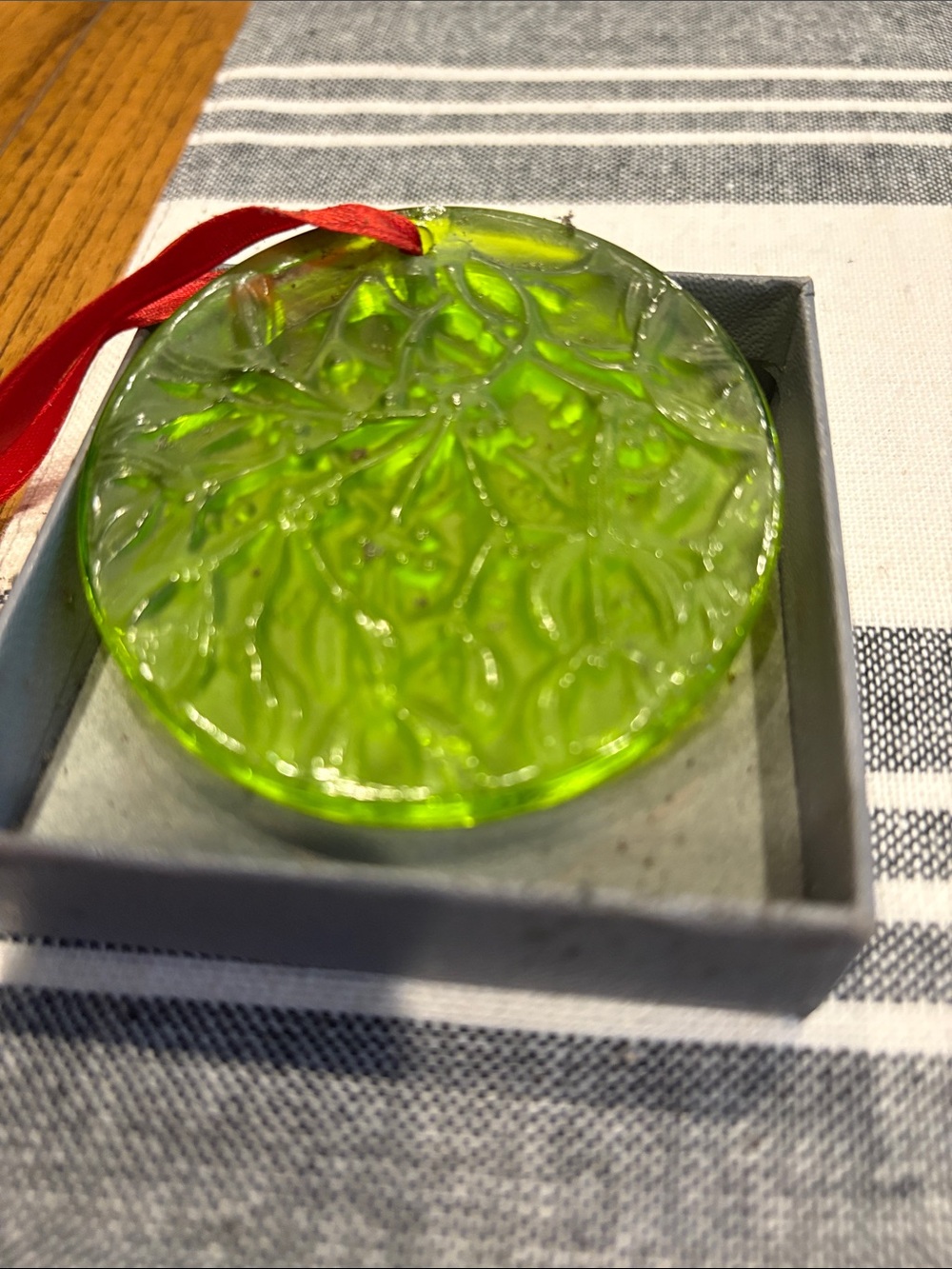Vintage Lalique Crystal Mistletoe Chartreuse Christmas Ornament.